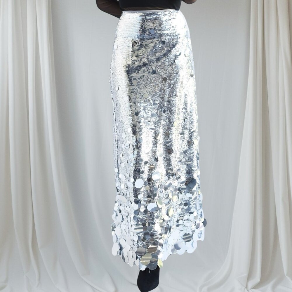Women Midi Skirt Full Sequin Silver Size 2XL Tall Lined Decorated Mid Rise - Picture 4 of 14